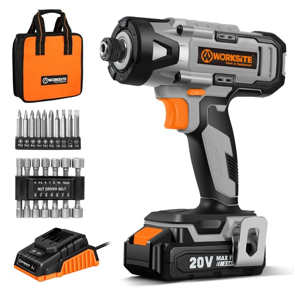 WORKSITE Cordless Impact Driver Kit, 2655 In-lbs (300N.m) Max Torque, 1/4" Hex Impact Drill, Variable Speed, 2.0A Battery & 1 Hour Fast Charger, 26 Pieces Impact Driver Bits and Tool Bag