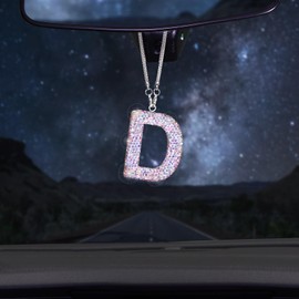 ToBeQueen Colorful Bling Rearview Mirror Accessories, Diamond Crystal Rhinestone Car Letter Pendant, Cute Hanging Car Lucky Ornaments for Women(Colorful,D)