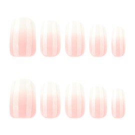 Square Press on Nails Short Fake Nails Ombre Acrylic Full Cover Glue on Nails Pink White Stick on Nail Glossy Reusable Artificial False Nail for Women Girls Nail Decoration 24Pcs
