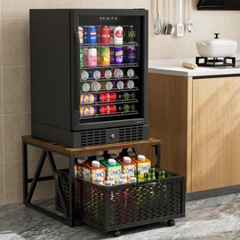 Urban Deco Mini Fridge Stand with Storage, Heavy Duty Fridge Cart with Drawer Basket, Mini Refrigerator Table for 220 LBS, Mobile Fridge Stand with Swivel Wheels for Dorm,Office,Home, Retro Brown