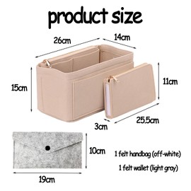 ATBUSS 1 Felt Tote Bag with 1 Felt Purse, Handbag Organiser, Removable Cosmetic Bag, Cosmetic Bag with Zipper, for Women (Beige)