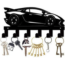 CREATCABIN Wall Mounted Key Rack Metal Key Holder Organizer with 6 Hooks Decorative Car Shaped Design Black Towel Coat Hanger Rack Wall Art Decor for Entryway Living Room Bathroom 10.6 x 5 Inch