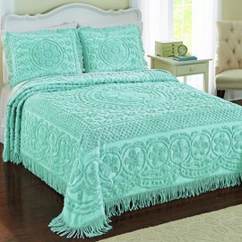 1 Piece Elegant 100% Cotton Tufted Chenille Bedspread Twin Size intricated Texture Fringe Borders | All Seasons Turquoise Blue Color Western Bedding Aesthetic Look Soft Plush Cozy Feel