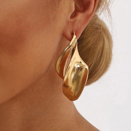 Exaggerated Gold Statement Earrings for Women,Chunky Leaf Geometric Flower Bud Comma Dangle Drop Earrings,Trendy Large Hanging Dangly Jewelry(Golden1)