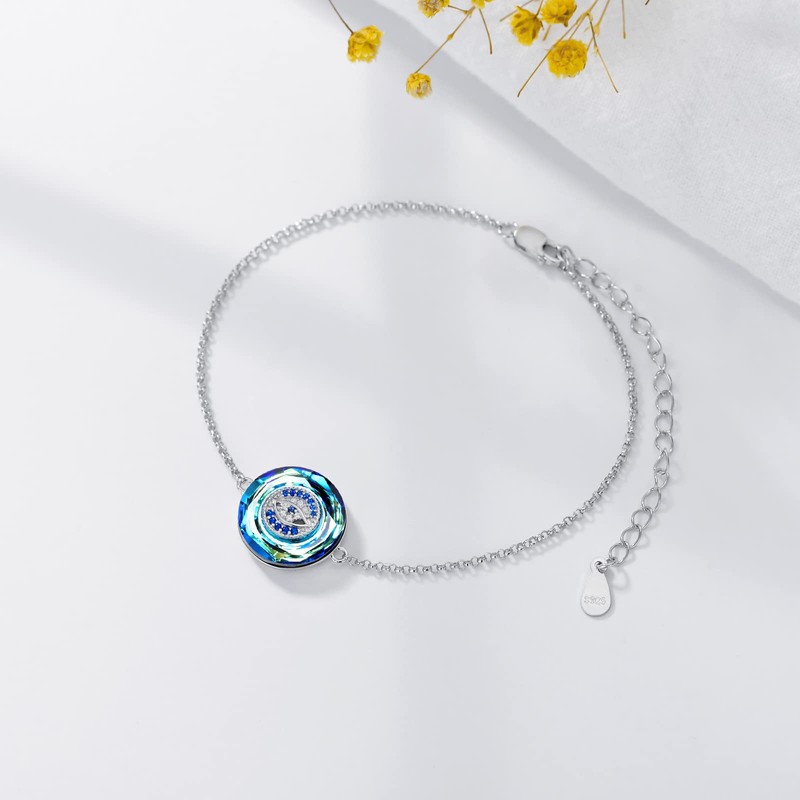 PEIMKO Evil Eye Protection Bracelet Sterling Silver Round Crystal Blue