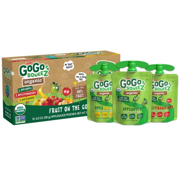 GoGo squeeZ Organic Fruit on the Go Variety Pack, Apple/Banana/Strawberry, 3.2 oz. (12 Pouches) - Made from Organic Apples, Bananas & Strawberries - Gluten Free Snacks - Nut & Dairy Free - Vegan Snack