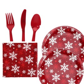 Unique Red Snowflake Holiday Dinnerware Party Bundle large Plates and Napkins with 48-piece Cutlery Set.