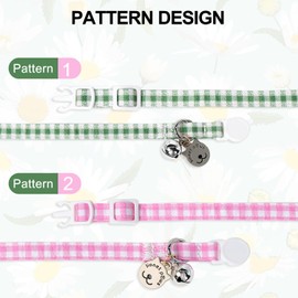 Lionet Paws 2pcs Pack Cotton Cat Collar,Breakaway Buckle with Green Pink Grid and Brand Pendant Cute Adjustable Cat Kitten Collar,Ideal for Girl Cats Boy Cats