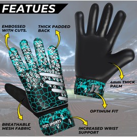 Jazzy Sports Soccer Goalkeeper Gloves for Kids Youth & Adult Funky Football Goalie Gloves with Double Wrist Protection 4MM Latex Palm (Aqua, Size 6 Suitable for 13-15)