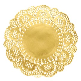 sourcing map 50 Pcs Gold Lace Paper Doilies 5 Inch Round Paper Doilies Tableware Disposable Foil Lace Paper Decorative Paper Placemats for Wedding, Birthday, Cakes, Desserts, Tableware Food