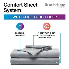 Brookstone Comfort Queen Sheet Set | Innovative Cooling Sheets for Hot Sleepers - Deep Sleep with Temperature Regulation | 4-Piece Set of Soft Flat Sheet, Fitted Sheet, & Two Pillowcases | Grey