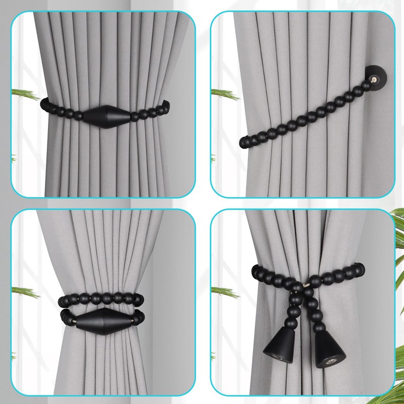 Meplait Magnetic Curtain Tiebacks, 2 Pack Curtain Holdbacks Wood Bead