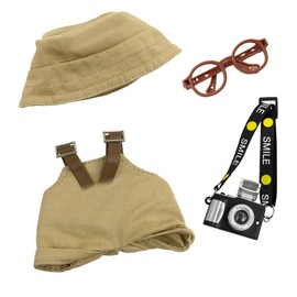 Doll Clothes for 17 cm Dolls, Jumpsuit with Adjustable Straps Hat Glasses Old Camera for the 17 cm Mini Plush Doll, Not Included Brown