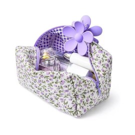 Aucuu Cosmetic Bag, Women's Toiletry Bag, Coquette Makeup Bag, Small Toiletry Bag, Make-Up Bag, Quilted Cosmetic Bag with Floral Pattern, Makeup Bag, Wash Bag, Cosmetic Bag for Girls Women, #3 Purple,