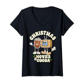 Womens Christmas Movies and Cocoa Festive Xmas Holiday Winter Vibe V-Neck T-Shirt