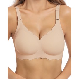 HORISUN Bras for Women No Underwire V Neck Scalloped Wireless Bralettes with Soft Support Comfort Full Coverage Seamless Bra (Milk Coffee,M)