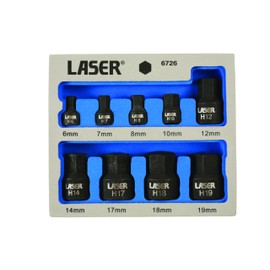 Laser 6726 Low Profile Impact Hex Socket Bit Set 1/4"D, 3/8"D 9pc, Silver