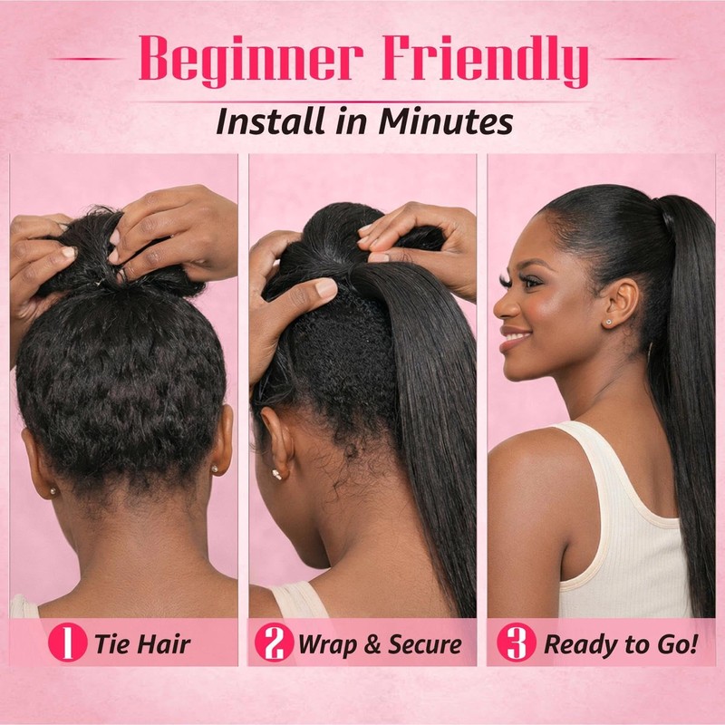 Yaki Straight Ponytail Extension for Black Women,16 Inch Synthetic Wrap-Around
