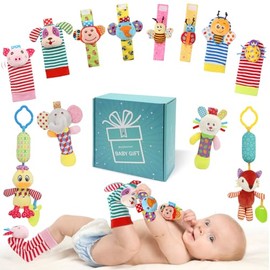 Bloobloomax Soft Baby Rattle Wrist Rattle Foot Finder Socks Set,Cotton and Plush Stuffed Infant Toys,Birthday Holiday Birth Present Gift for Newborn B