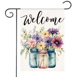 HOMFREEST Spring Floral Garden Flag 12x18 Inch Double Sided Small Burlap Welcome Purple Flowers Mason Jar Holiday Flag for Outside Yard Decor