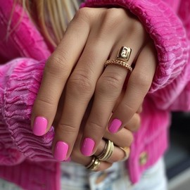 Hot Pink Acrylic Nails 24pcs - Short Square Reusable Fake Nails, 12 Sizes Glossy Manicure for Women, Girls, Fashion Photoshoots