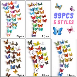 CCINEE 99pcs 3D Colorful Butterfly Wall Stickers, 5 Styles Wall Mural Stickers Decals Removable DIY Art Crafts for Home Kids Room Bedroom Nursery Decor Cosplay Wedding Offices Party Decor