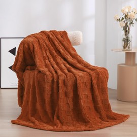 Linecooo Burnt Orange Fleece Throw Blanket 50”×60” for Couch Sofa Bed,Super Soft Cozy Plush Microfiber Flannel Blanket with 3D Checkered Design Lightweight for Adults,Woman,Girls