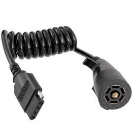 JAMHER 5ft/60in 7 Way Round to 5 Way Flat Coiled Trailer Plug Adapter Trailer Extension Cord Jacketed Cable 7 Pin to 5 Pin Trailer Coiled Wiring Adapter