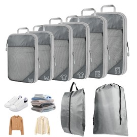 8 Set Compression Packing Cubes for Travel, Expandable Luggage Organizer with Shoe Bag & Laundry Bag - Lightweight Suitcase & Backpack Travel Essentials (Gray)