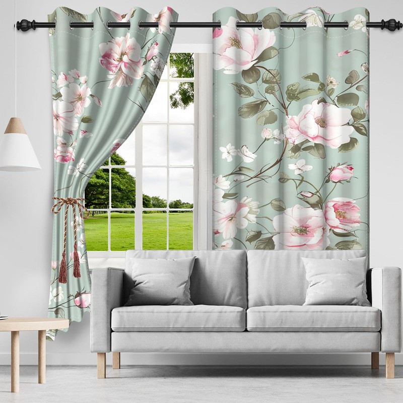 DASHAN Green Floral Blackout Curtains for Bedroom 84 inch Length