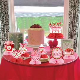 Sursurprise Strawberry Baby Shower Decorations, 8 Pieces Strawberry Honeycomb Centerpieces, A Berry Sweet Baby Is On The Way Table Topper Decor for Girls Fruit Themed Party Supplies