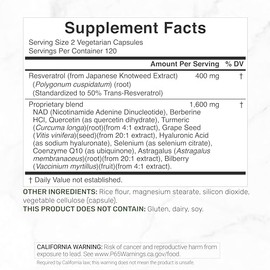 DEAL SUPPLEMENT Resveratrol Complex, 240 Veggie Capsules – Trans-Resveratrol Supplement with NAD, Quercetin, Turmeric, CoQ10, & More | Non-GMO, Gluten