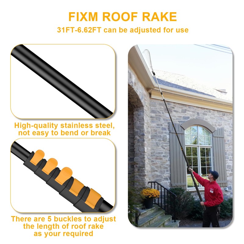 FIXM Telescoping Roof and Yard Rake 7-31 FT, Dual Use