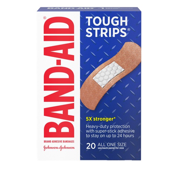 Band-Aid Brand Tough Strips Adhesive Bandages for First Aid & Wound Care, Durable Protection for Minor Cuts, Scrapes & Burns, Heavy-Duty Fabric Bandages, Sterile, All One Size, 20 ct