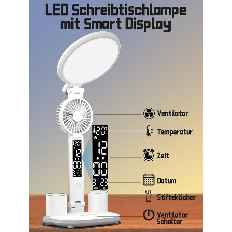 LED Desk Lamp, Eye-Friendly Reading Lamp, Desk Lamp with Fan,