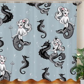 JOOCAR Mermaid Shower Curtains for Bathroom Grey Cartoon Mermaid Princess Shower Curtain Polyester Fabric Waterproof Ocean Sea Shower Curtain Set with 12 Hooks, 180x180cm