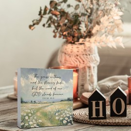 JUIOEIU Christian The Grass Withers And The Flowers Fade Floral Spring Signs, Bible Verse Wooden Box Signs, Vintage Cottagecore Home Decor, Isaiah 40 8 Farmhouse Wood Sign Home Decor(5 X 5 Inch)