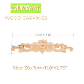 MUXSAM 2Pcs Rose Wood Carved Onlays Decorative Appliques, Unpainted Long Center Carving Decal for Door Wall Ceiling Cabinet Dresser Mirror Bed Mantel Bench Fireplace Decor, 30x7cm/11.81"x2.76"