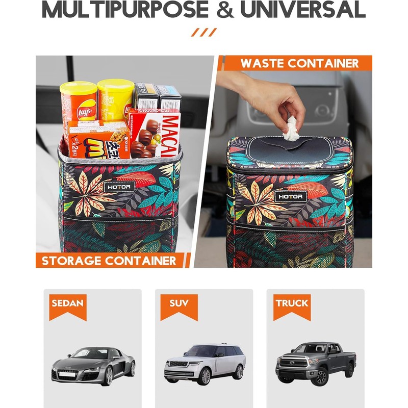 HOTOR Car Trash Can with Lid and Storage Pockets -
