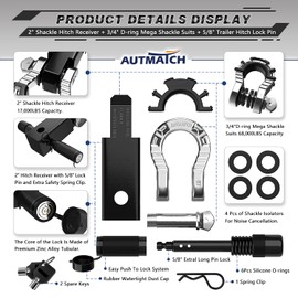 AUTMATCH Shackle Hitch Receiver 2" with 3/4" Mega D Ring Shackle and 5/8" Trailer Hitch Lock Pin, 68,000 Lbs Break Strength Heavy Duty Receiver Towing Kit for Off-Road Vehicle Recovery, Black & Silver