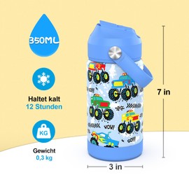 Ntswasd Stainless Steel Drinking Bottle, Straw, Thermos Flask, 350 ml, BPA-Free, Leak-Proof Thermal Water Bottle for School, Sports, Children (Monster Truck)