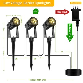 LONIUTO Garden Spotlights Mains Powered 4-in-1,14M Garden Spike Lights 3000K Warm White,14V Low Voltage Landscape Spotlights,IP65 Waterproof Outdoor Garden Spotlights for Pathway,Lawn,Yard (4 Pack*3W)
