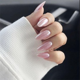 VOTACOS Almond Press on Nails Long Fake Nails Glossy False Nails with Designs Chrome Pink Glue on Nails Full Cover Acrylic Nails Stick on Nails for Women