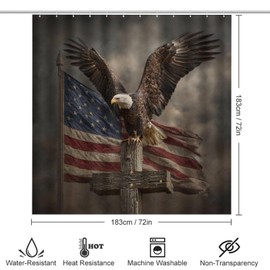 4PCS Patriotic Bald Eagle American Flag Cross Shower Curtain Set 72W X 72L, Vintage Sky Brown Print Bathroom Decor, Toilet Lid Cover Non-Slip Rugs and U-Shaped Mat Set 12 Hooks