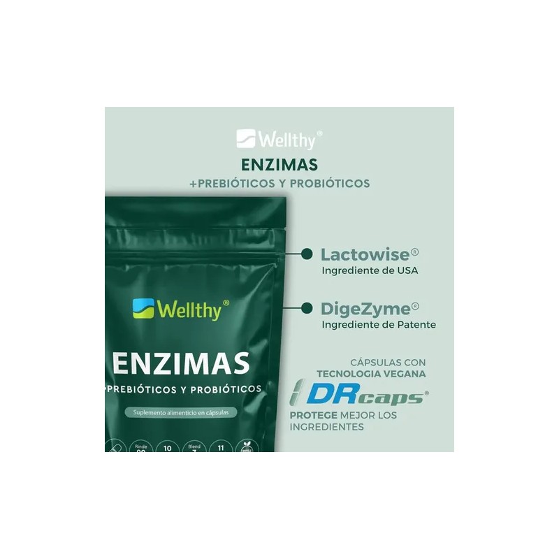 Wellthy Enzimas Digestivas 180 Cápsulas Sabor Sin Sabor