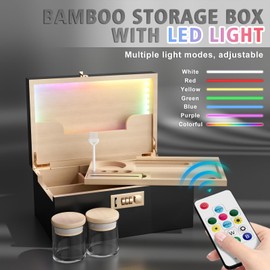 Usoway Bamboo Storage Box With Colored LED Lights - 164 Kinds Cool Light Effects, Premium Decorative Wooden Box With Combination Lock, Storage Box Set With Sliding Tray and Accessories (Black)