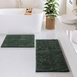 Premium Velvet Microfiber Chenille Bathroom Rugs Sets 2 Piece Small & Medium High-Pile | Hunter Green Super Soft Ultra Plush Luxury Underfoot Feel Quick Dry Nonslip Backing Thick Absorbent Bath Mat