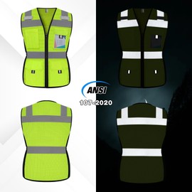Uno Mejor Construction Work Vest for Women 11 Pockets Snug-Fit Reflective Vest with Reinforced Zipper, Neon High Visibility Safety Vest for Lady Contractors/Surveyors, Meets ANSI, (U-Yellow, XL)