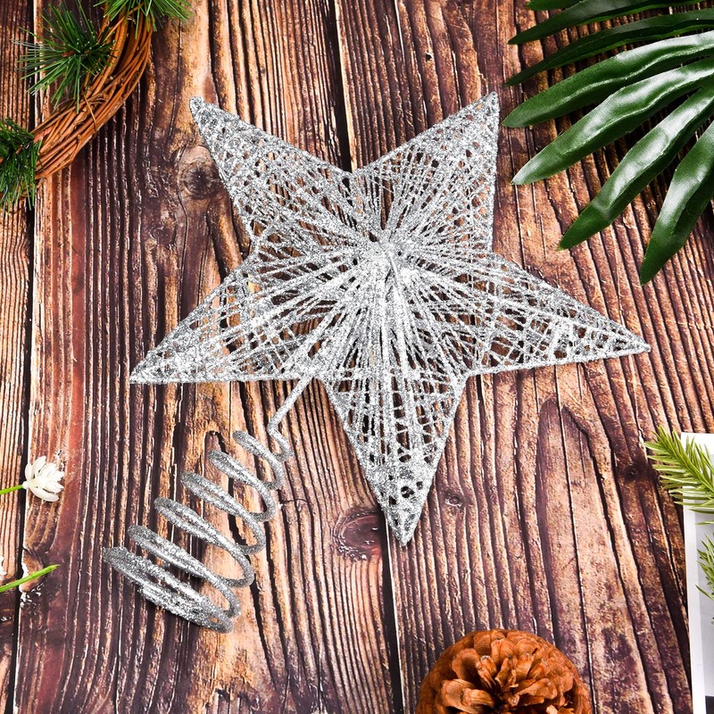 Geviro Silver Christmas Tree Star Topper Metal Glittered Xmas Tree
