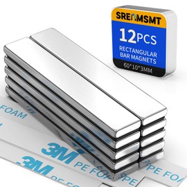 SRENMSMT Powerful Neodymium Bar Magnets, 12 Pack Rare Earth Magnets, Heavy Duty Magnets, Rectangular Magnets, Small Magnets Strong for Fridge, DIY, Garage, Kitchen, Science, Craft, Office-60x10x3mm